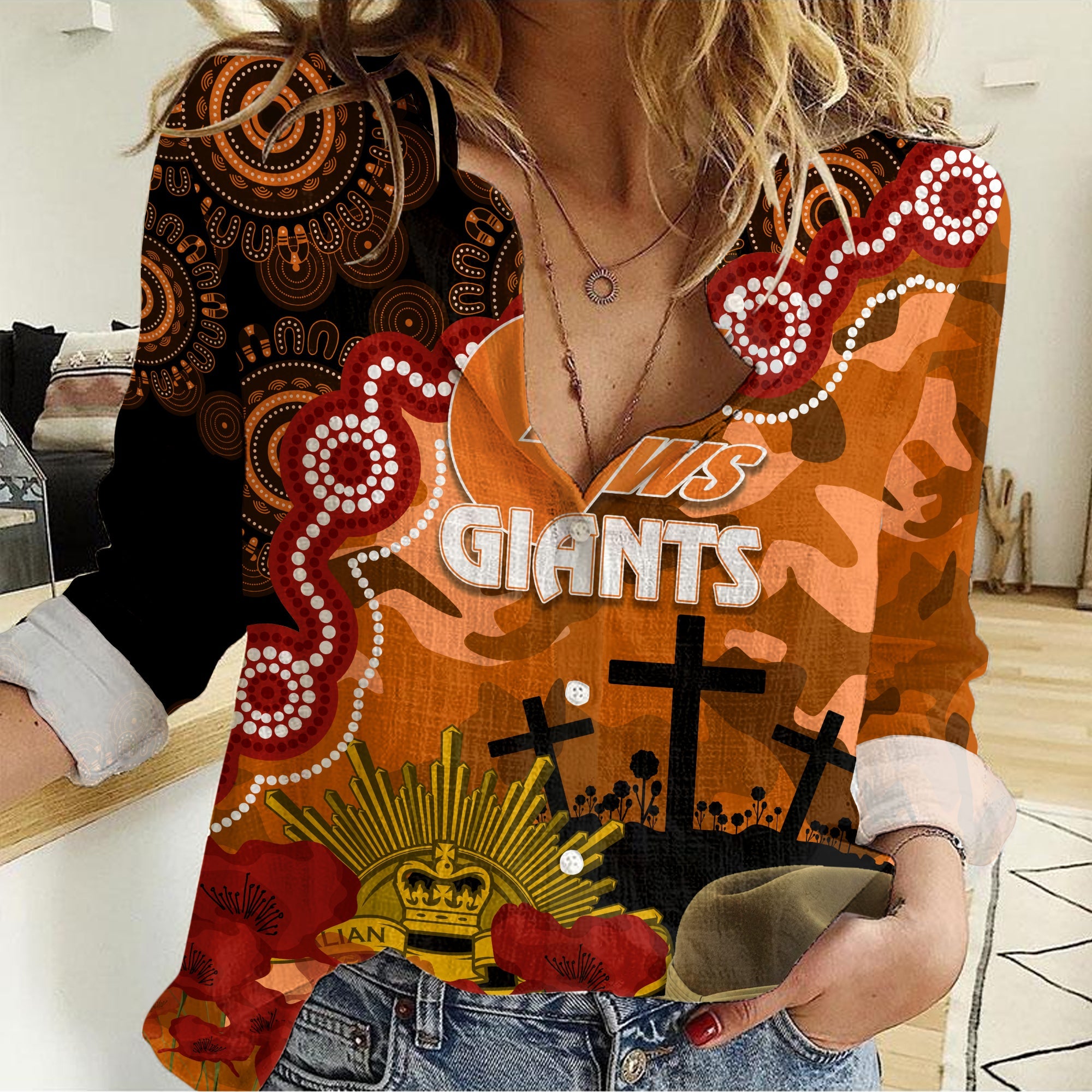 The Giants Football ANZAC 2023 Women Casual Shirt Aboriginal Mix Slouch Hat - Vibe Hoodie Shop