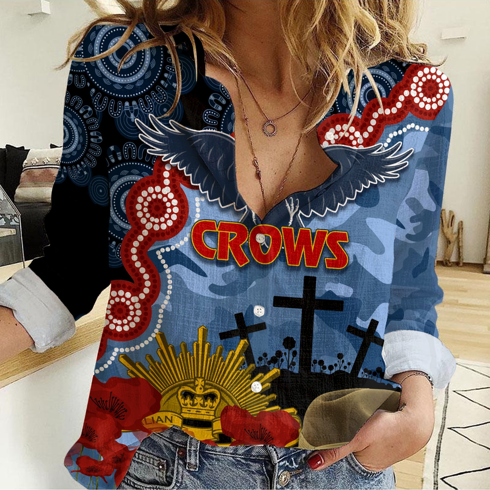 Crows Football ANZAC 2023 Women Casual Shirt Aboriginal Mix Slouch Hat - Vibe Hoodie Shop