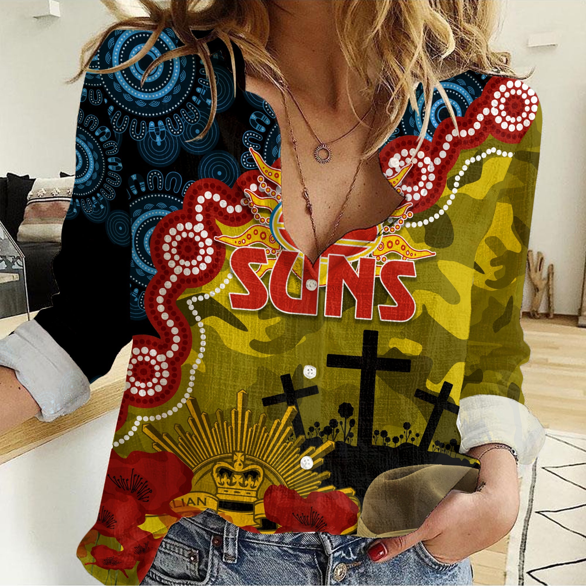 GC Suns Football ANZAC 2023 Women Casual Shirt Aboriginal Mix Slouch Hat - Vibe Hoodie Shop