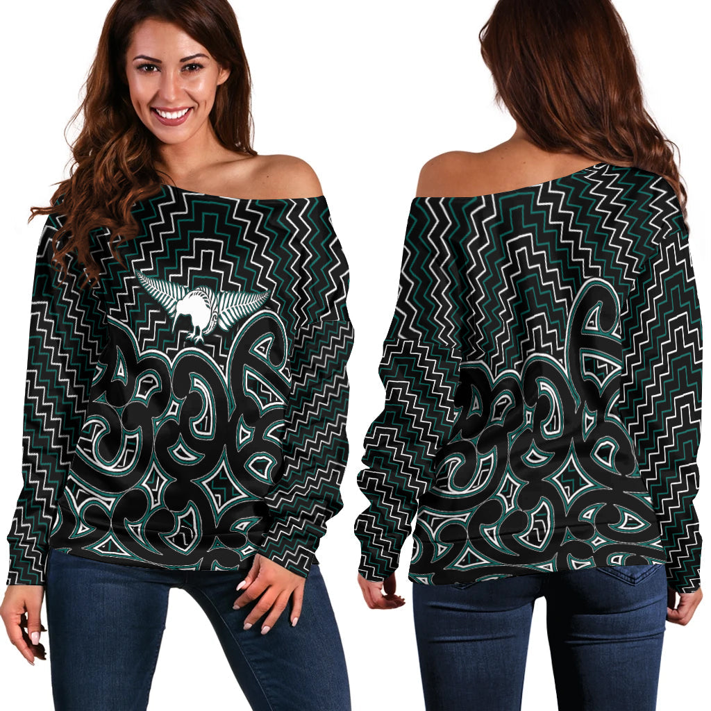 New Zealand Off Shoulder Sweater Maori Graphic Tee patterns Green - Vibe Hoodie Shop