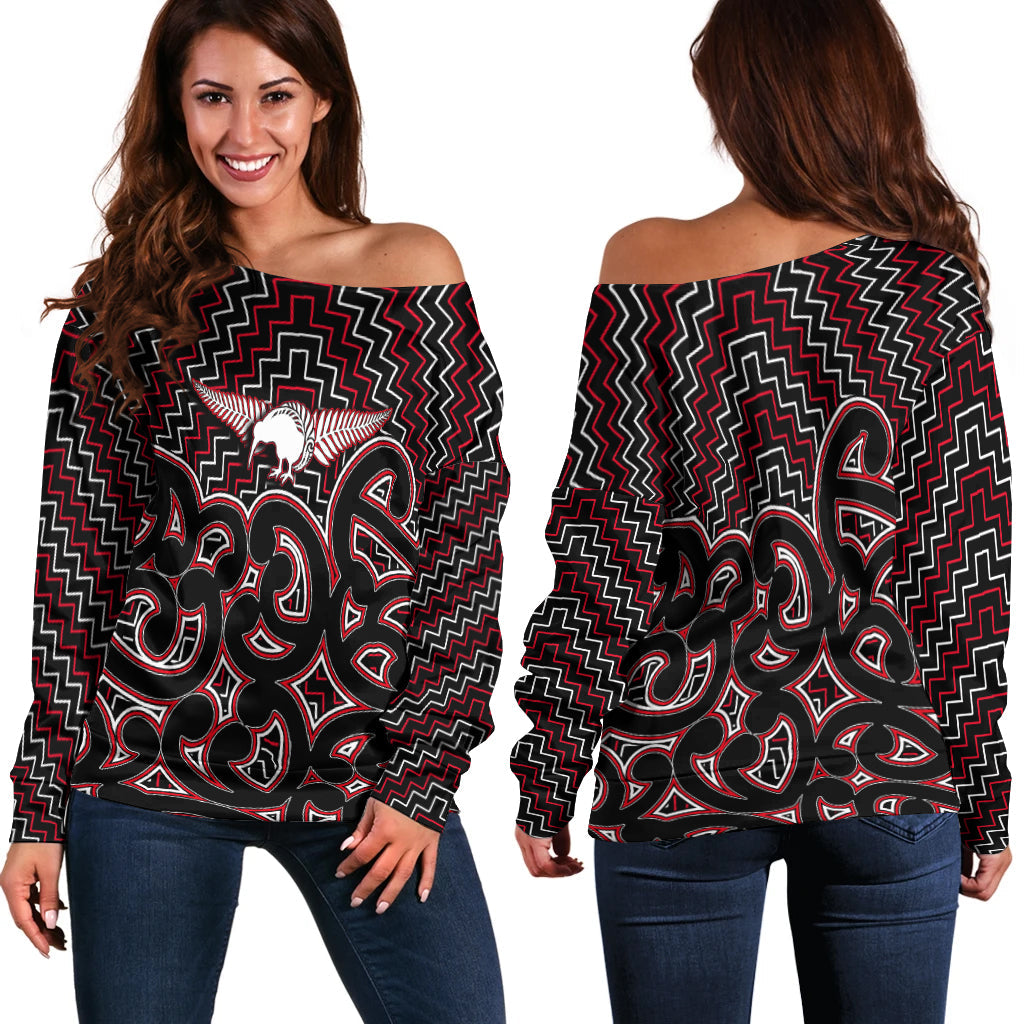 New Zealand Off Shoulder Sweater Maori Graphic Tee patterns Red - Vibe Hoodie Shop