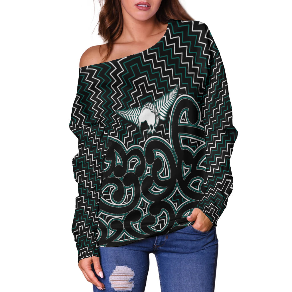 New Zealand Off Shoulder Sweater Maori Graphic Tee patterns Green - Vibe Hoodie Shop