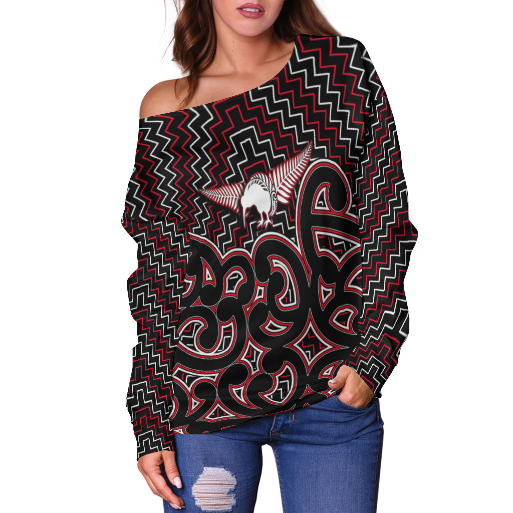 New Zealand Off Shoulder Sweater Maori Graphic Tee patterns Red - Vibe Hoodie Shop