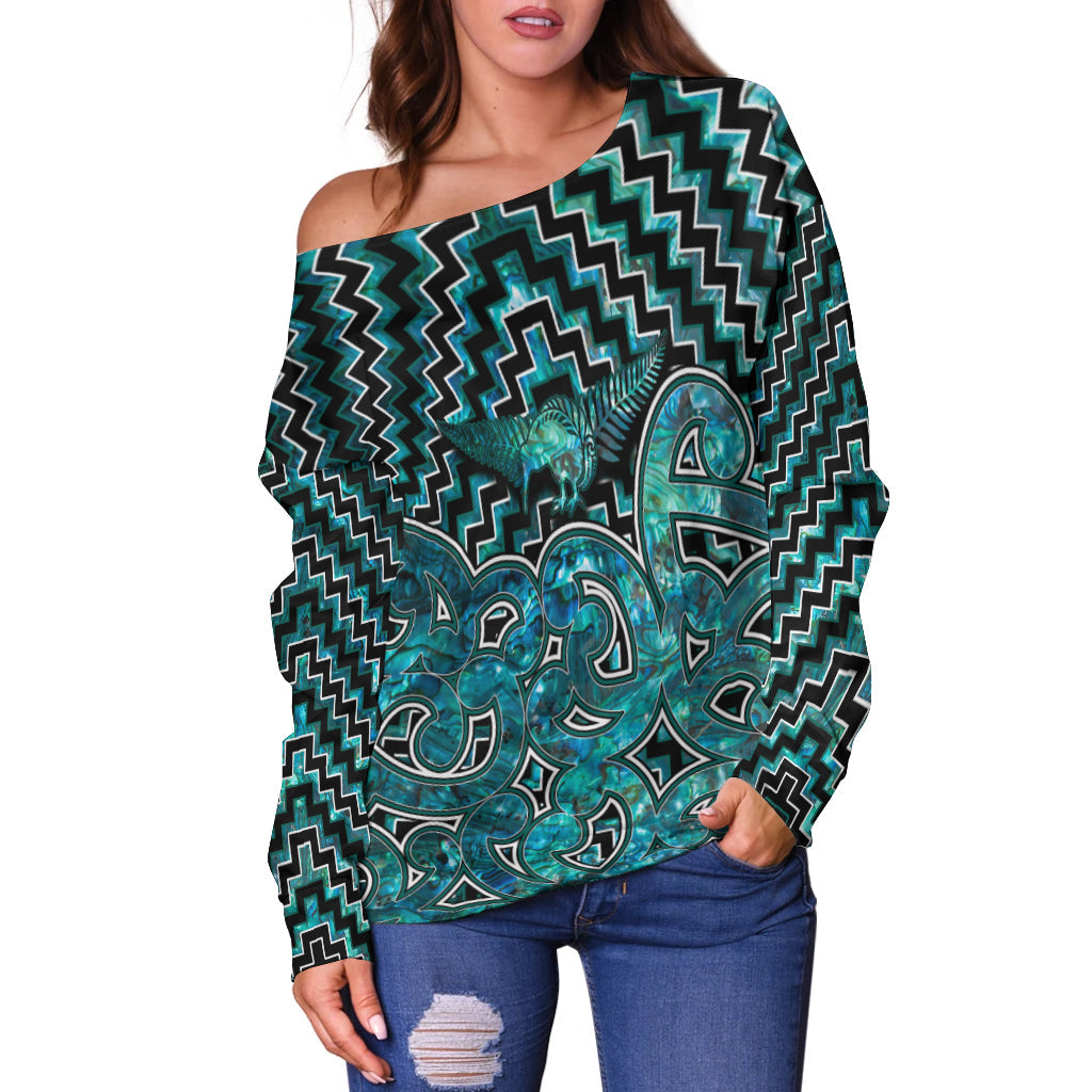 New Zealand Off Shoulder Sweater Maori Graphic Tee patterns Paua Shell - Vibe Hoodie Shop