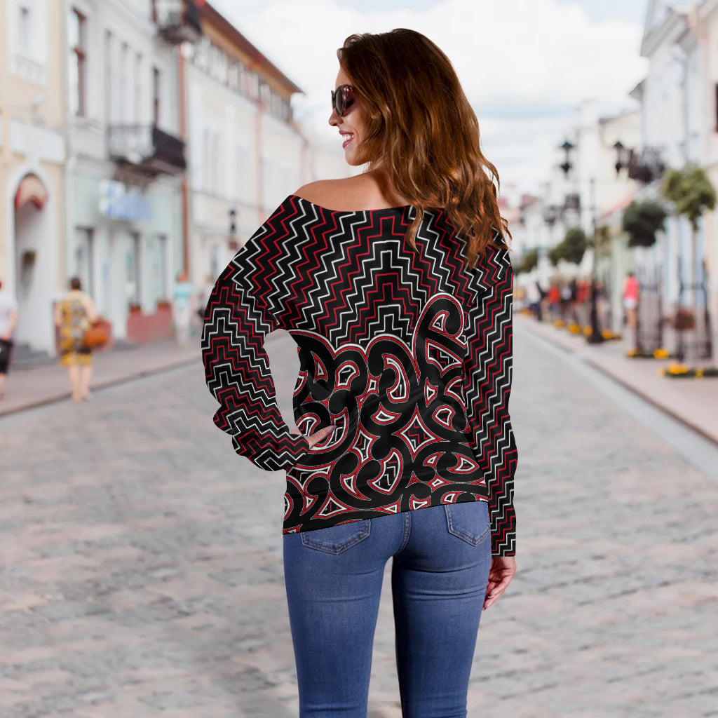 New Zealand Off Shoulder Sweater Maori Graphic Tee patterns Red - Vibe Hoodie Shop