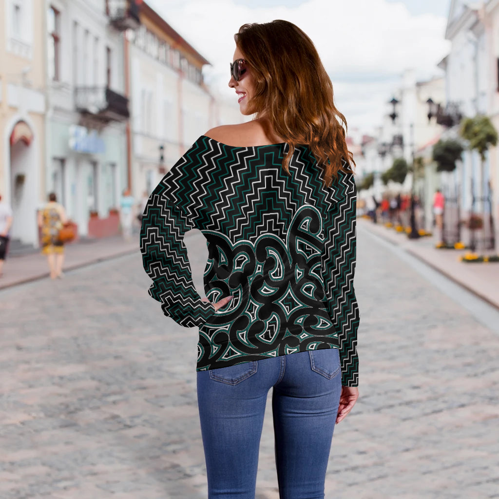 New Zealand Off Shoulder Sweater Maori Graphic Tee patterns Green - Vibe Hoodie Shop