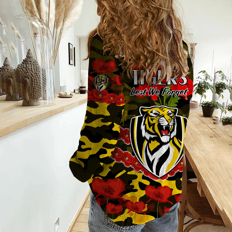 Richmond Tigers Football ANZAC Women Casual Shirt Lest We Forget - Vibe Hoodie Shop