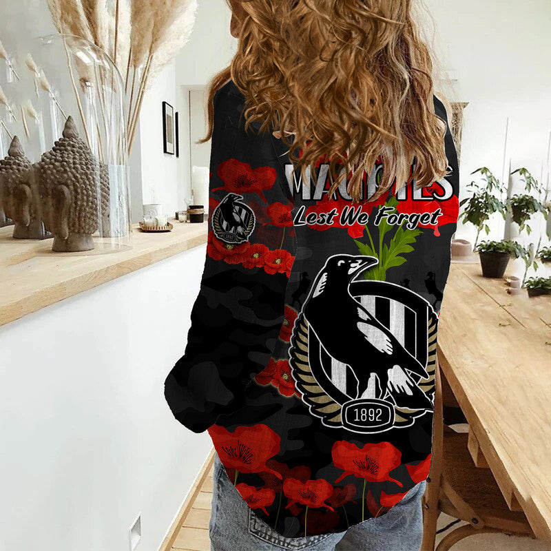 Magpies Football ANZAC Women Casual Shirt Lest We Forget - Vibe Hoodie Shop