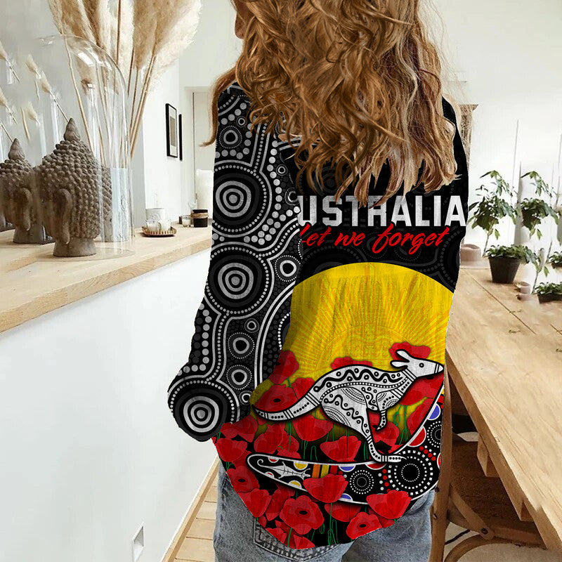 Australia ANZAC Women Casual Shirt Kangaroo Boomerang with Poppy - Vibe Hoodie Shop