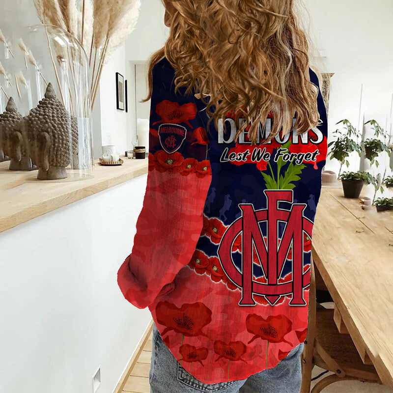 Demons Football ANZAC Women Casual Shirt Lest We Forget - Vibe Hoodie Shop