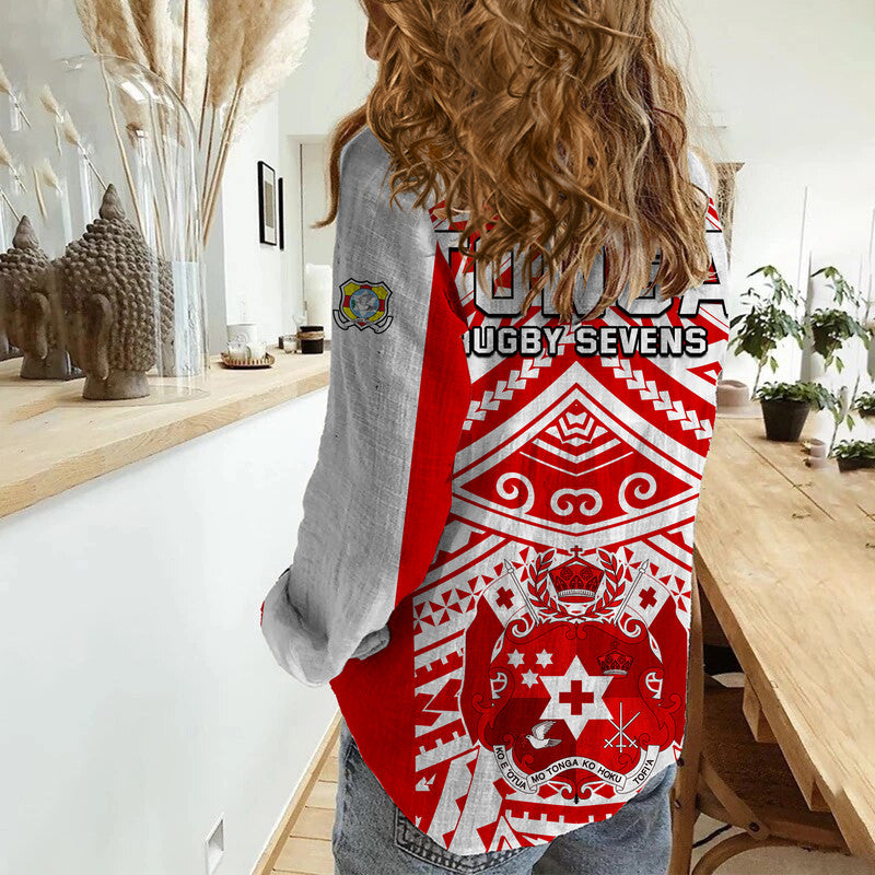Tonga Rugby Sevens Women Casual Shirt Coat of Arms Tribal Polynesian Pattern - Vibe Hoodie Shop