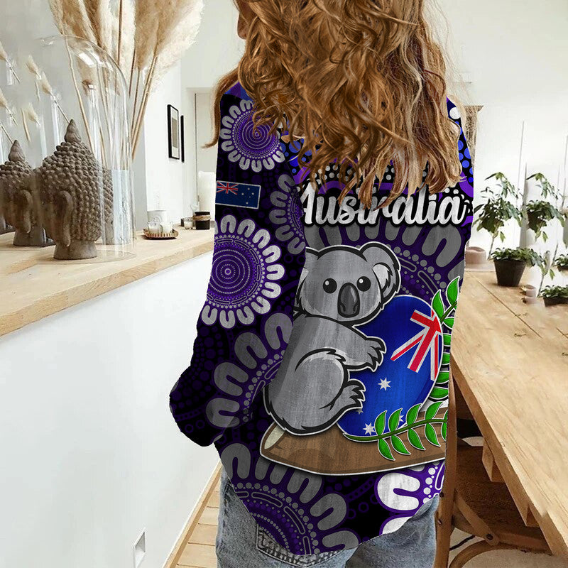 Australia Koala Aboriginal Women Casual Shirt Koala Hugging Rugby Ball Purple - Vibe Hoodie Shop