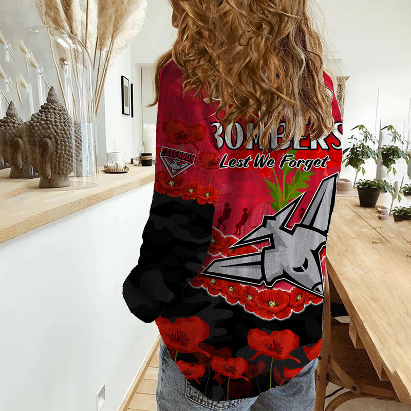 Bombers Football ANZAC Women Casual Shirt Lest We Forget - Vibe Hoodie Shop