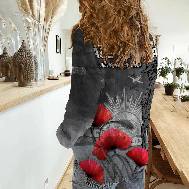 Remembrance Day Women Casual Shirt Soldier Australian Army Rising Sun With Red Poppy - Vibe Hoodie Shop