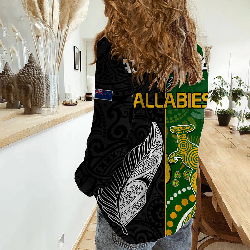 Aotearoa Rugby All Black Combine Australia Wallabies Women Casual Shirt Aboriginal Kangaroo And Maori Fern - Vibe Hoodie Shop