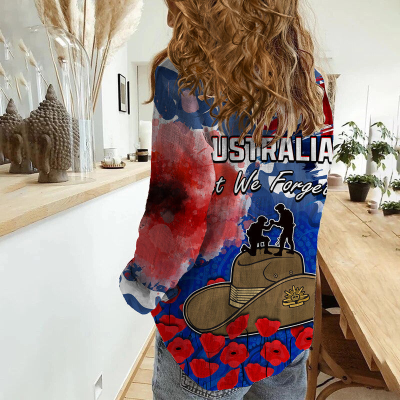 Australia ANZAC Day Women Casual Shirt Grunge Australia Flag and Red Poppy - Vibe Hoodie Shop