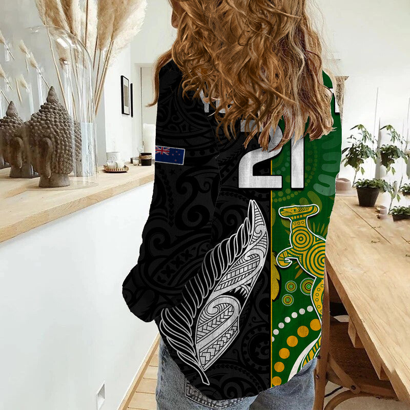 (Custom Personalised) Aotearoa Rugby All Black Combine Australia Wallabies Women Casual Shirt Aboriginal Kangaroo And Maori Fern - Vibe Hoodie Shop