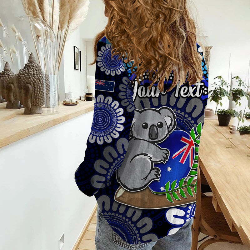 (Custom Personalised) Australia Koala Aboriginal Women Casual Shirt Koala Hugging Rugby Ball Blue - Vibe Hoodie Shop
