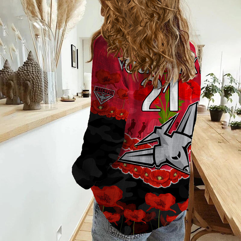 (Custom Personalised) Bombers Football ANZAC Women Casual Shirt Lest We Forget - Vibe Hoodie Shop