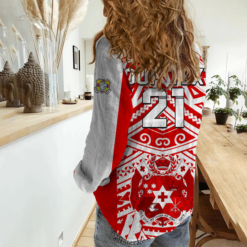 (Custom Text And Number) Tonga Rugby Sevens Women Casual Shirt Coat of Arms Tribal Polynesian Pattern - Vibe Hoodie Shop