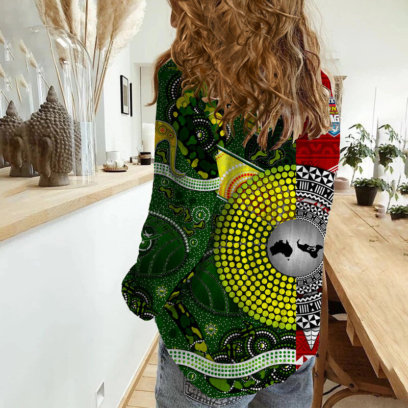 Mate Ma'a Tonga Ngatu And Australia Kangaroos Aboriginal Woman Casual Shirt Rugby Together - Vibe Hoodie Shop