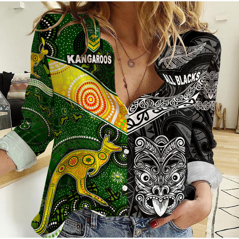 (Custom Personalised) New Zealand Maori All Black And Australia Kangaroos Aboriginal Woman Casual Shirt Rugby Together - Vibe Hoodie Shop