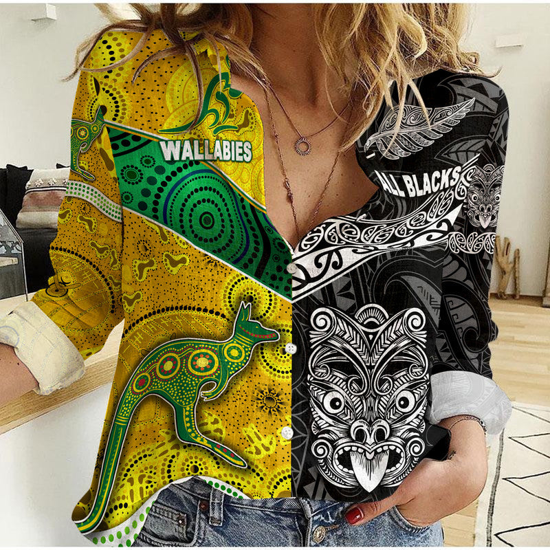 New Zealand Maori All Black And Australia Wallabies Aboriginal Woman Casual Shirt Rugby Together - Vibe Hoodie Shop