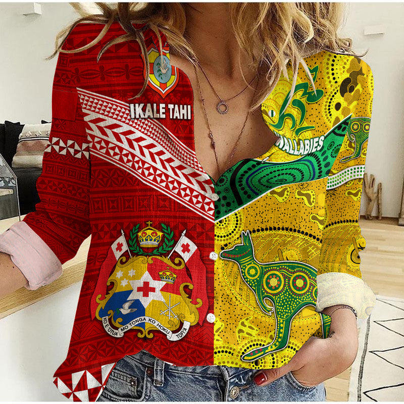 (Custom Personalised) Tonga Ikale Tahi Ngatu And Australia Wallabies Aboriginal Woman Casual Shirt Rugby Together - Vibe Hoodie Shop