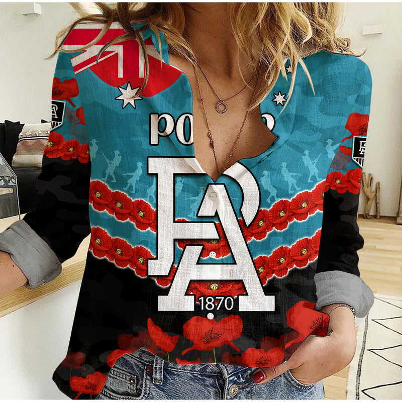 Port Adelaide Power Football ANZAC Women Casual Shirt Lest We Forget - Vibe Hoodie Shop