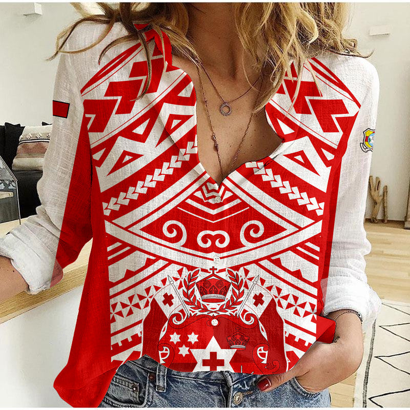 Tonga Rugby Sevens Women Casual Shirt Coat of Arms Tribal Polynesian Pattern - Vibe Hoodie Shop