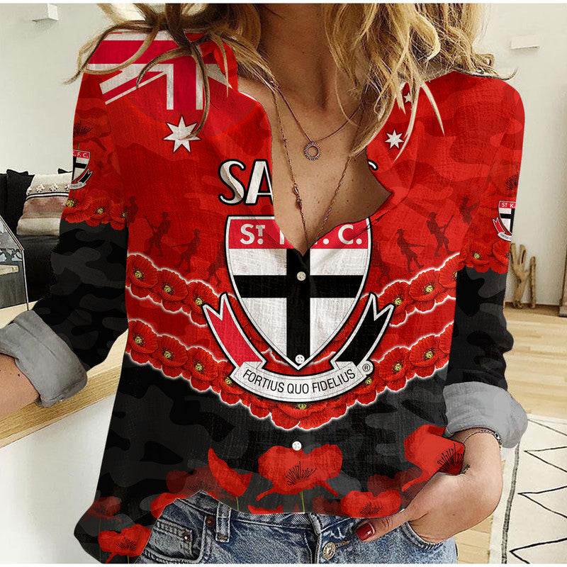 St Kilda Saints Football ANZAC Women Casual Shirt Lest We Forget - Vibe Hoodie Shop
