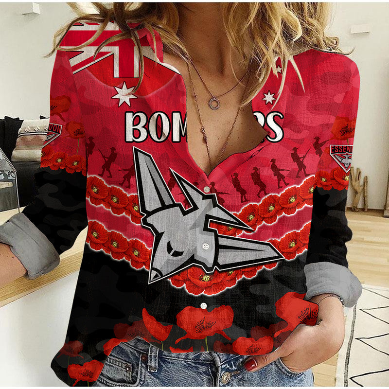 Bombers Football ANZAC Women Casual Shirt Lest We Forget - Vibe Hoodie Shop