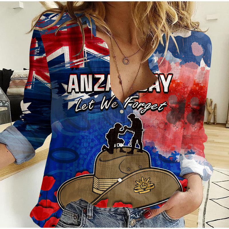 (Custom Personalised) Australia ANZAC Day Women Casual Shirt Grunge Australia Flag and Red Poppy - Vibe Hoodie Shop