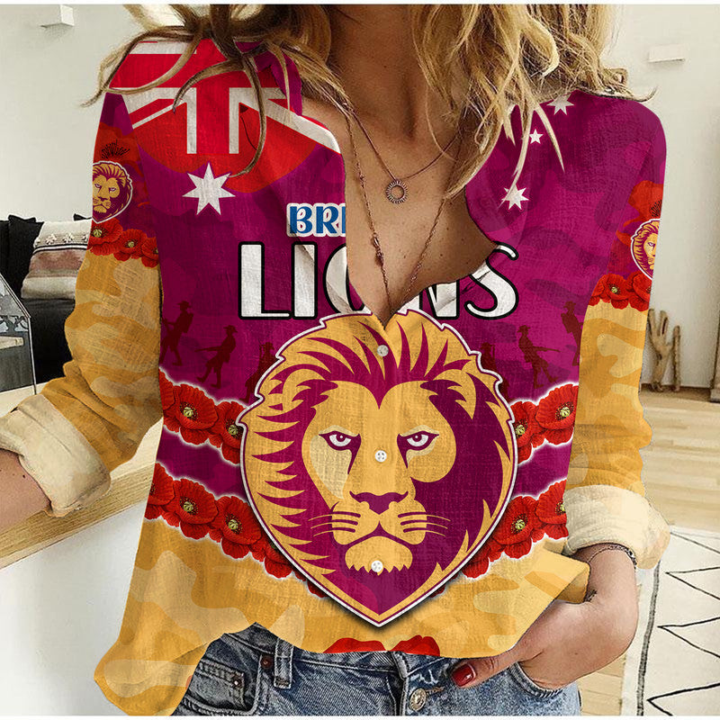 Brisbane Lions Football ANZAC Women Casual Shirt Lest We Forget - Vibe Hoodie Shop