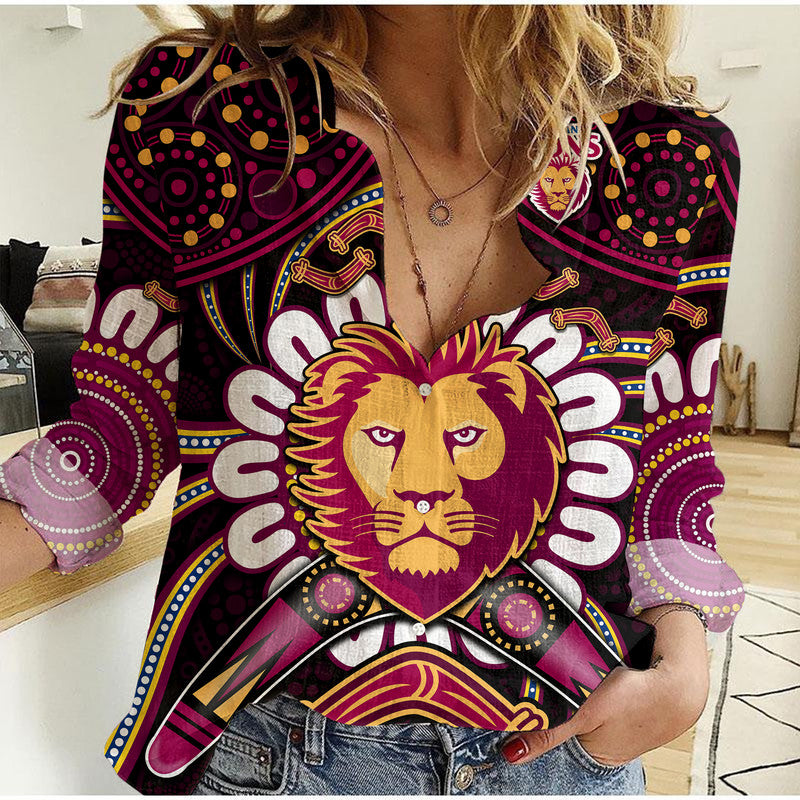 Brisbane Lions Football Women Casual Shirt Boomerang Indigenous Dots - Vibe Hoodie Shop