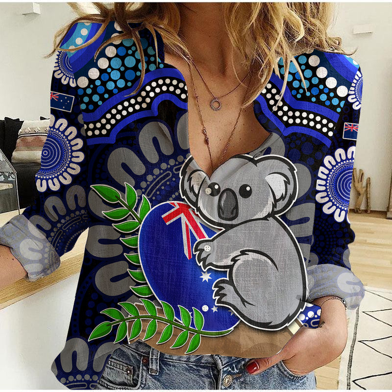 (Custom Personalised) Australia Koala Aboriginal Women Casual Shirt Koala Hugging Rugby Ball Blue - Vibe Hoodie Shop