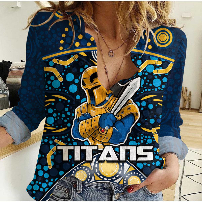 Titans Rugby Women Casual Shirt Boomerang Indigenous Dots - Vibe Hoodie Shop