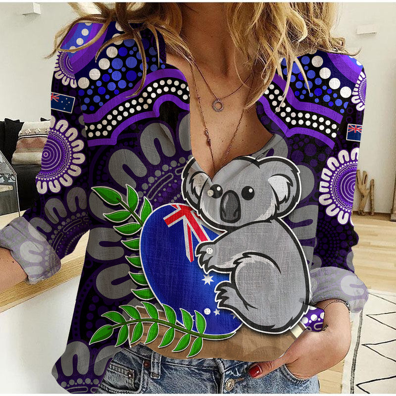 (Custom Personalised) Australia Koala Aboriginal Women Casual Shirt Koala Hugging Rugby Ball Purple - Vibe Hoodie Shop