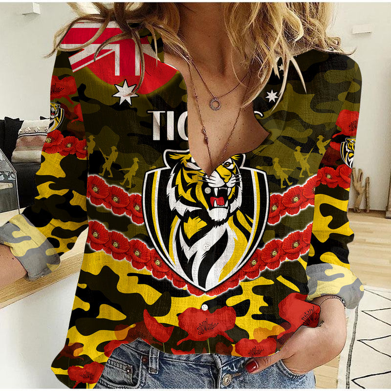 Richmond Tigers Football ANZAC Women Casual Shirt Lest We Forget - Vibe Hoodie Shop