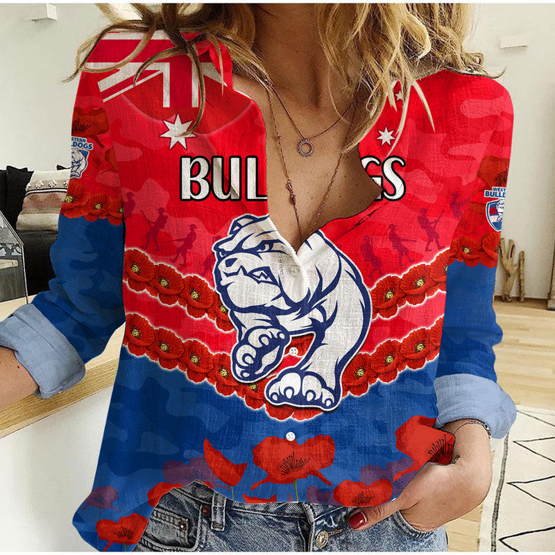 (Custom Personalised) Western Bulldogs Football ANZAC Women Casual Shirt Lest We Forget - Vibe Hoodie Shop