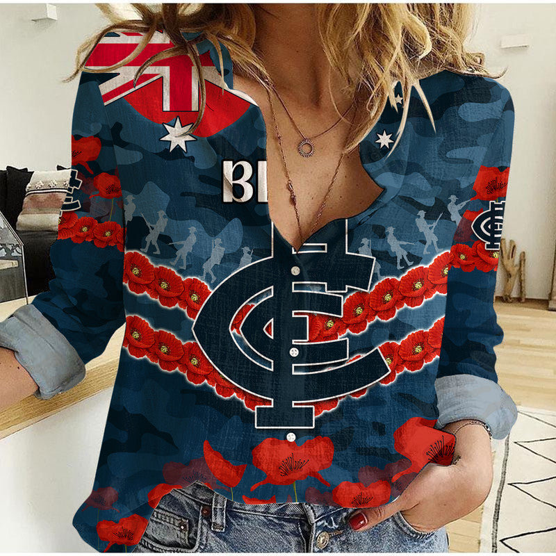 Blues Football ANZAC Women Casual Shirt Lest We Forget - Vibe Hoodie Shop