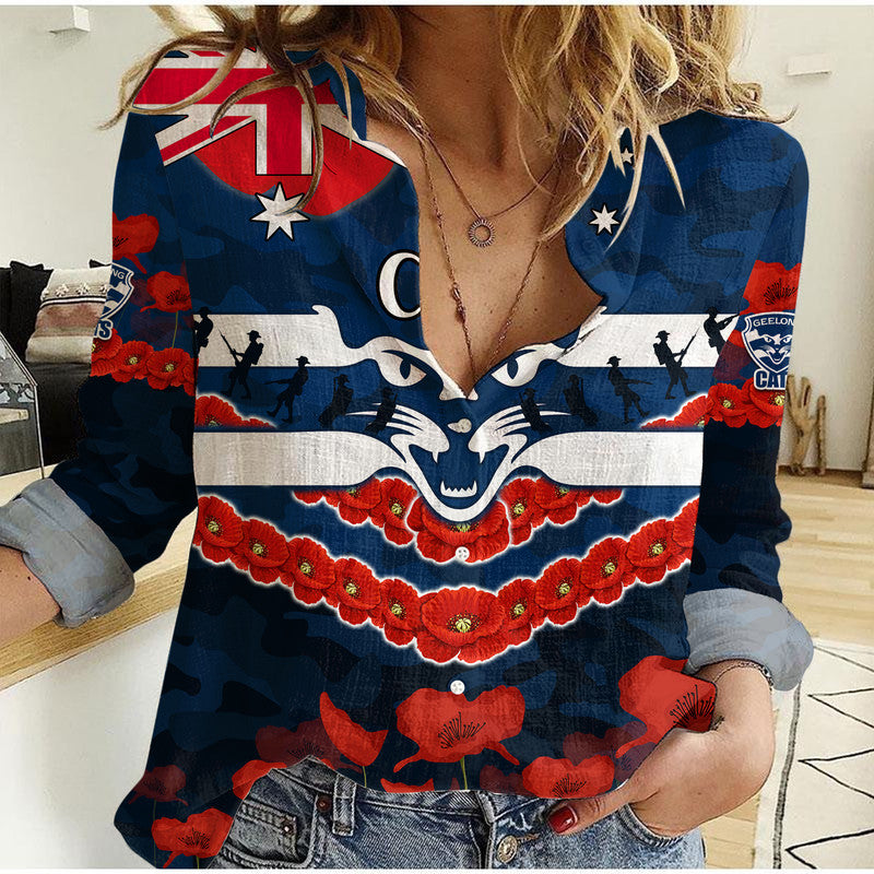 (Custom Personalised) Cats Football ANZAC Women Casual Shirt Lest We Forget - Vibe Hoodie Shop