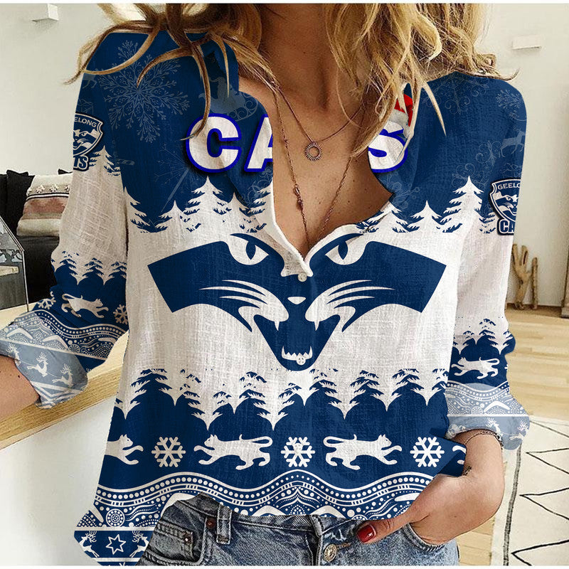 (Custom Personalised And Number) Geelong Cats Unique Winter Season Women Casual Shirt Cats Merry Christmas - Vibe Hoodie Shop