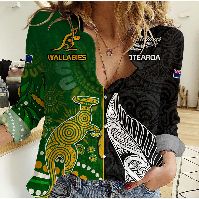 (Custom Personalised) Aotearoa Rugby All Black Combine Australia Wallabies Women Casual Shirt Aboriginal Kangaroo And Maori Fern - Vibe Hoodie Shop
