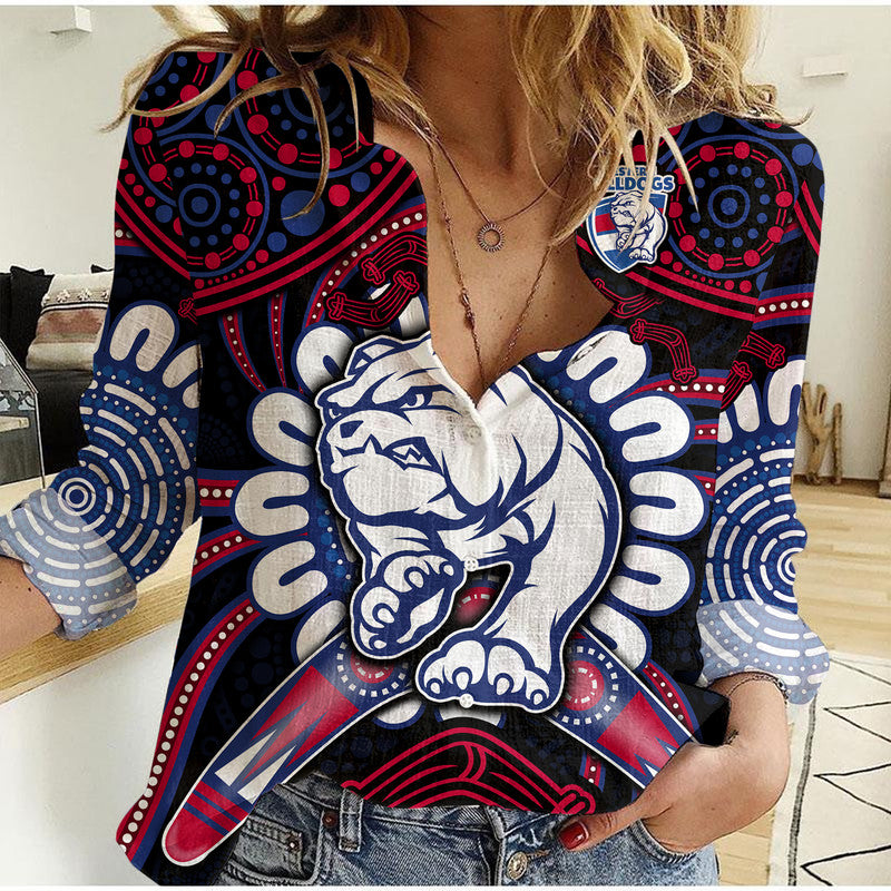 (Custom Personalised) Western Bulldogs Football Women Casual Shirt Boomerang Indigenous Dots - Vibe Hoodie Shop