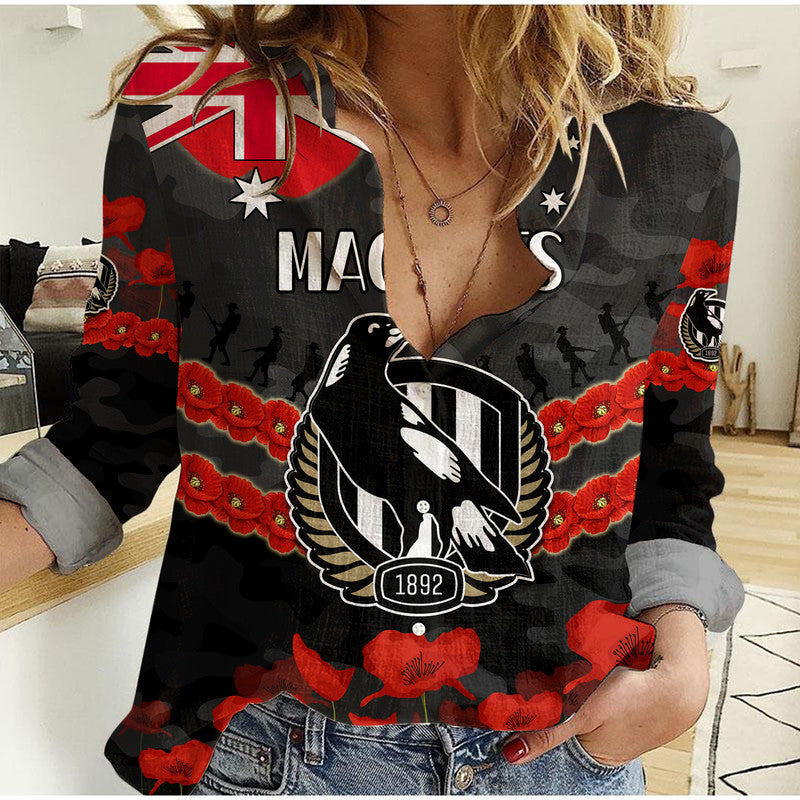(Custom Personalised) Magpies Football ANZAC Women Casual Shirt Lest We Forget - Vibe Hoodie Shop