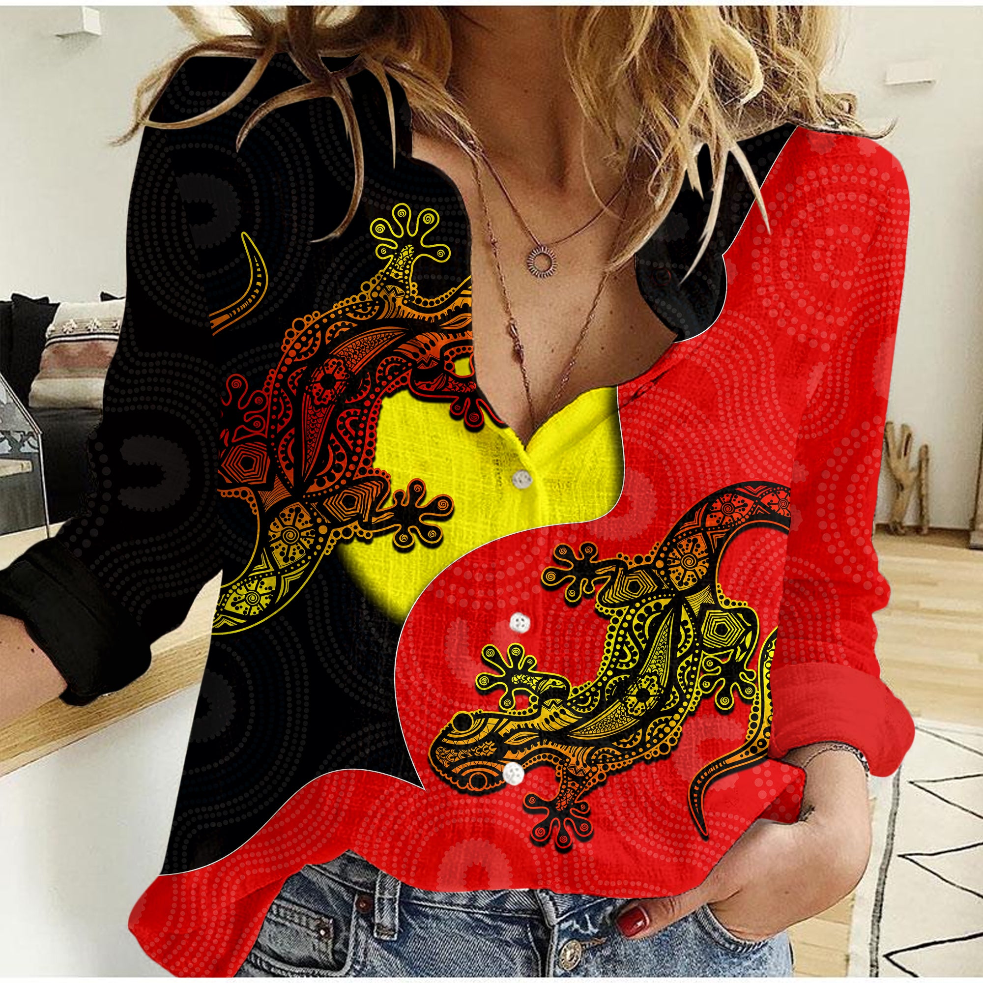 Aboriginal Flag Mix Lizard Casual Shirt - Vibe Hoodie Shop