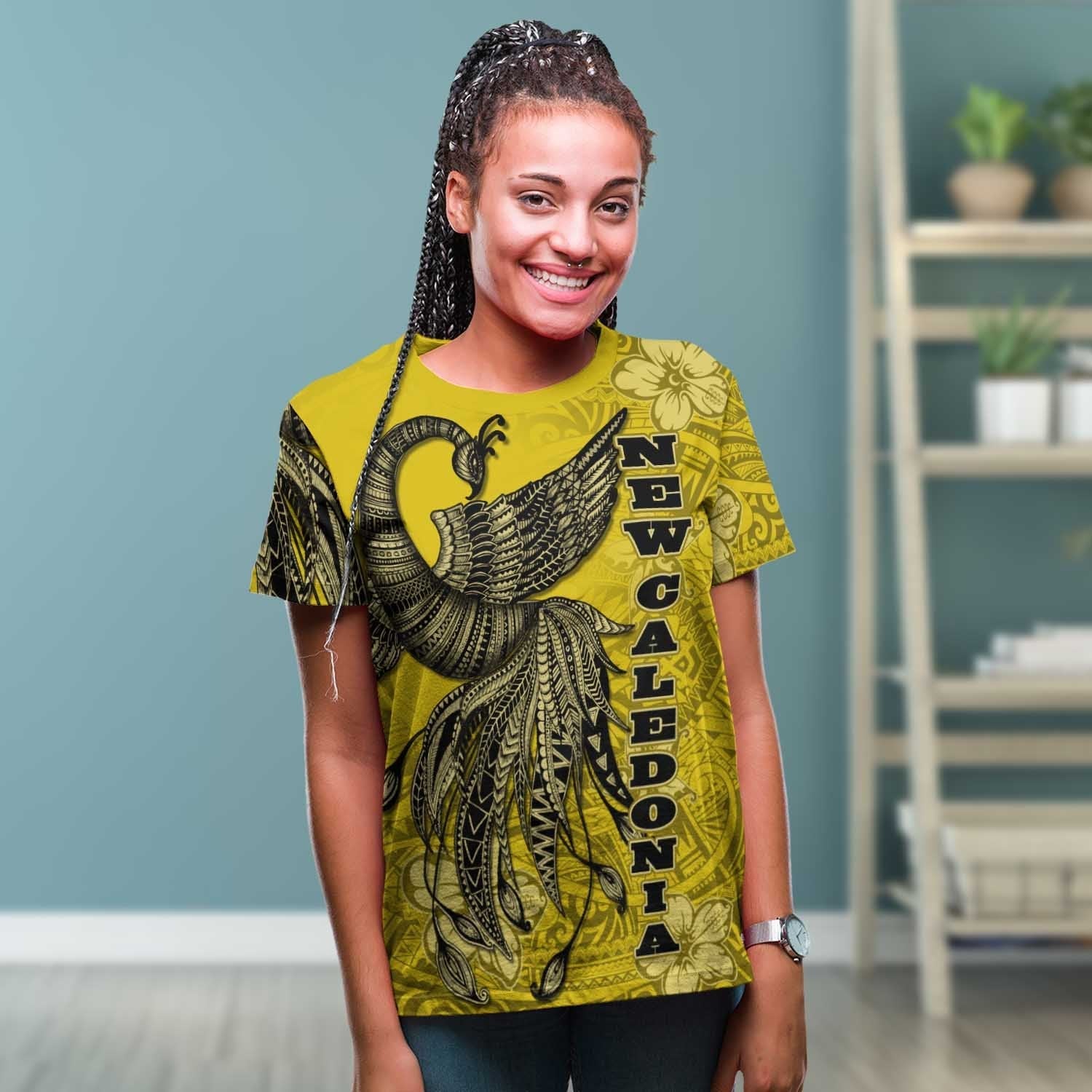 New Caledonia T shirt - Polynesian Phoenix Bird, Fairytales Bird Yellow - Vibe Hoodie Shop