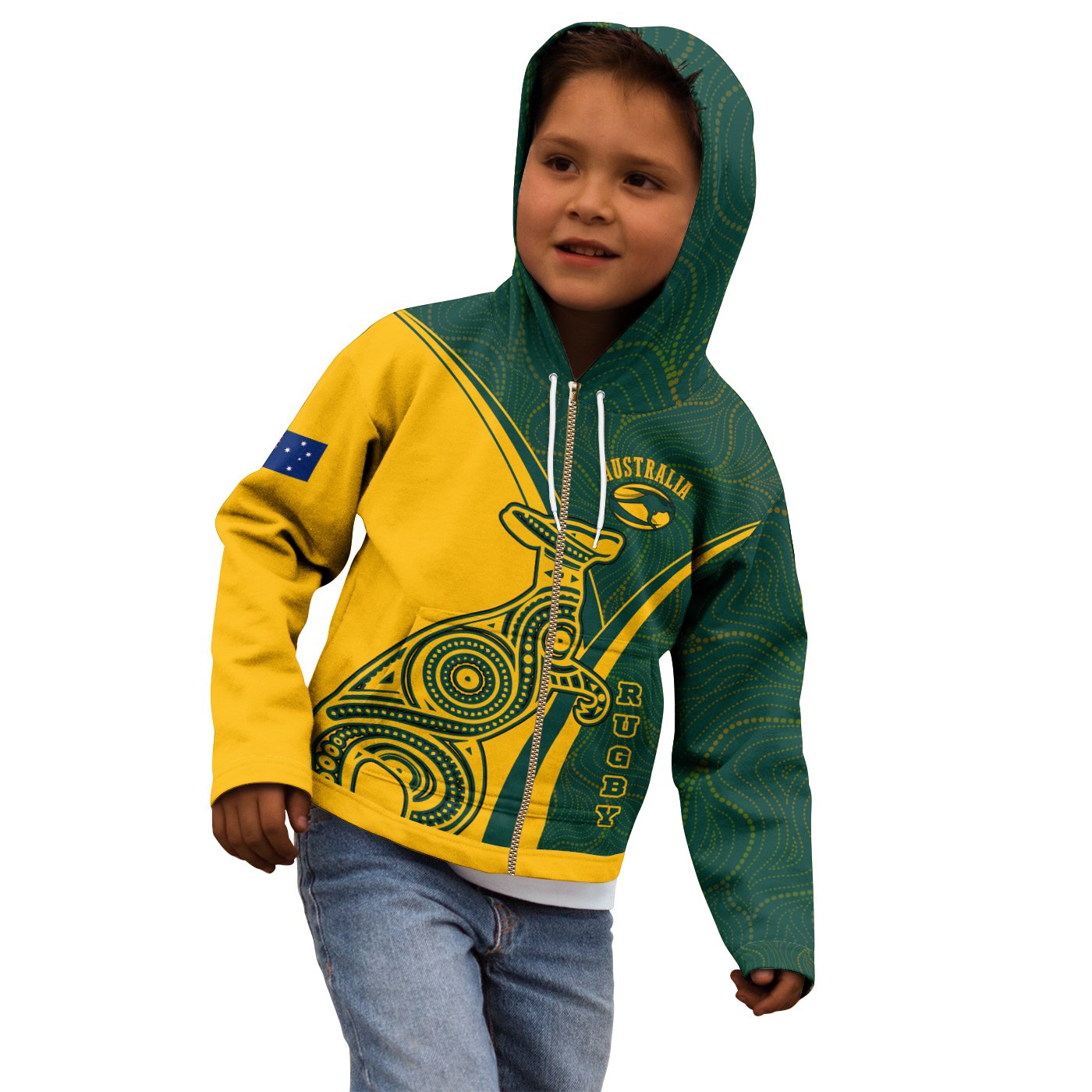 Rugby Hoodie Kids - Australian Rugby Kangaroo and Aboriginal Patterns - Vibe Hoodie Shop