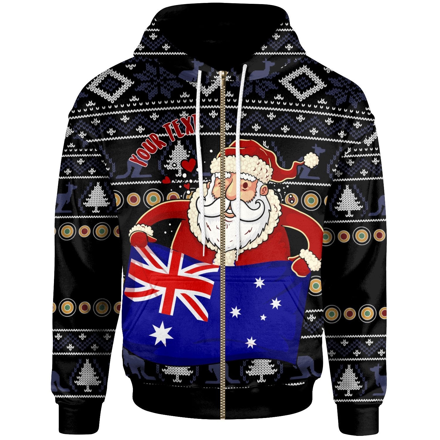 Christmas Personalised Zip - Up Hoodie - Australia Santa Claus Hold The Flag (Black) - Vibe Hoodie Shop